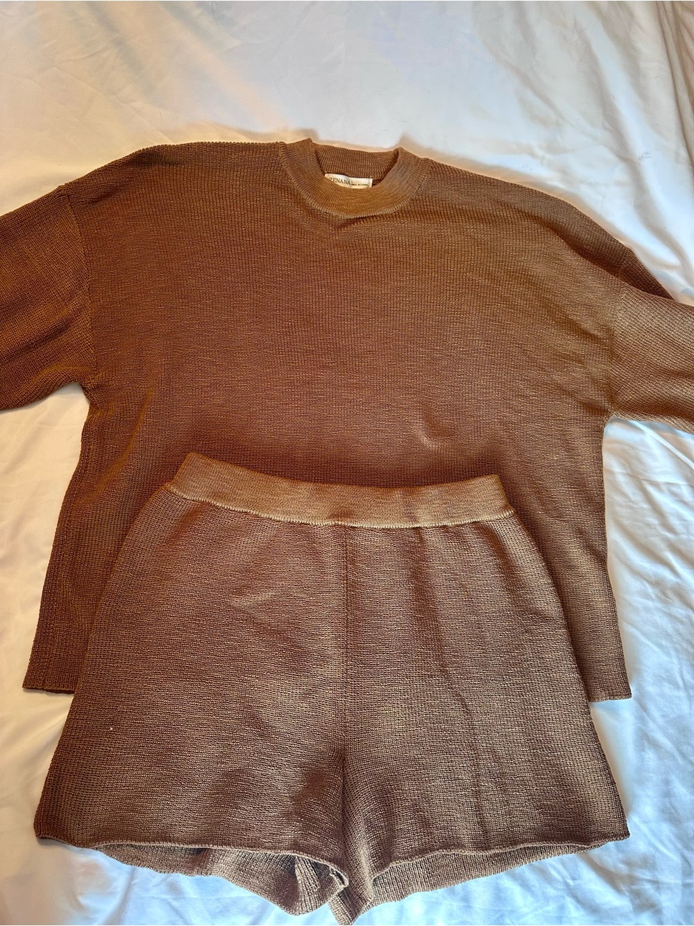 Zenana Waffle Knit Sweater Shorts Lounge Set Two Piece Mocha Chestnut Brown L